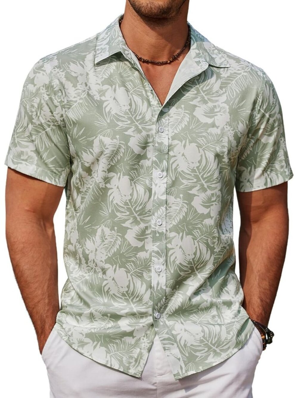 Men's Celadon Green Hawaiian Short Sleeve Aloha Beach Casual Button Down Shirt